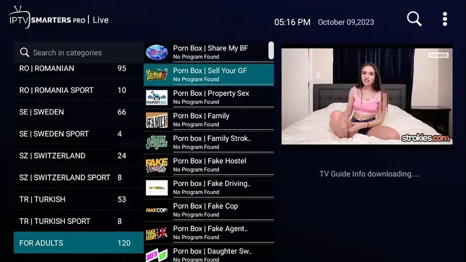 Adult m3u playlist entries grouped under an 18+ category label in a player
